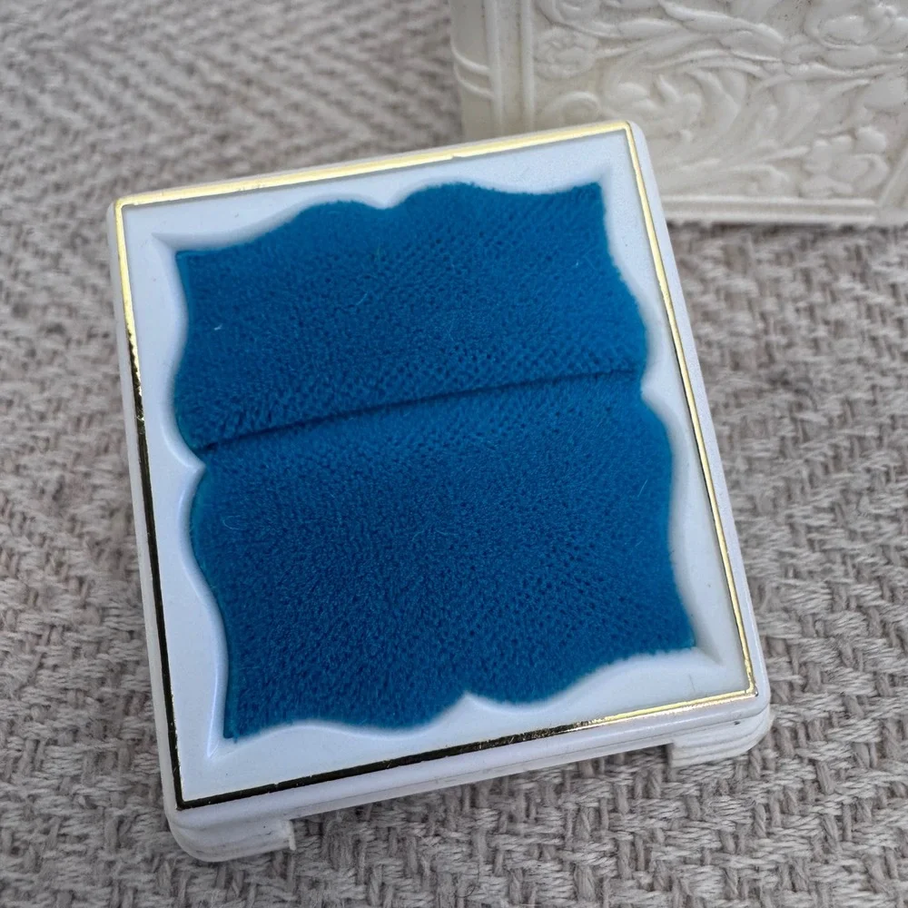 Antique Celluloid Ring Box‎ Cream Floral Relief Teal Velvet Made in USA Vintage